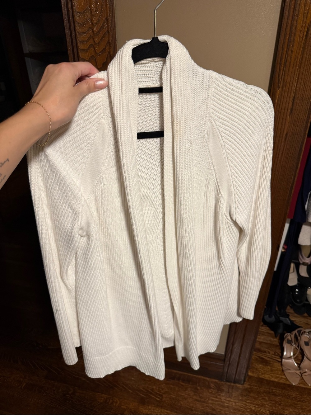 Open-Front Cream Ribbed Knit Cardigan Sweater